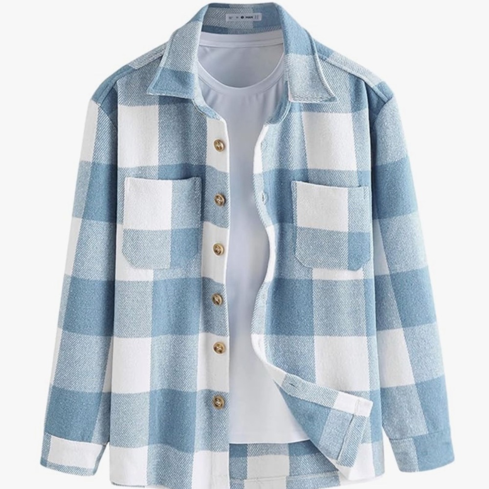 Source Unknown Light Blue and Cream Plaid Men's Shirt.  2XL. Runs smaller.  32”L